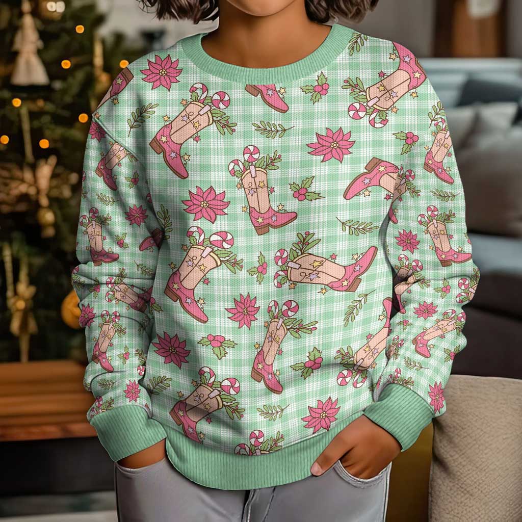 Green Paniolo Palaka Hawaiian Cowgirl Christmas Kid Ugly Christmas Sweater LT9 - Polynesian Pride