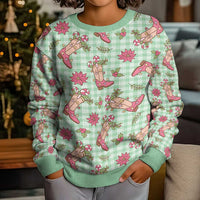 Green Paniolo Palaka Hawaiian Cowgirl Christmas Kid Ugly Christmas Sweater LT9 - Polynesian Pride