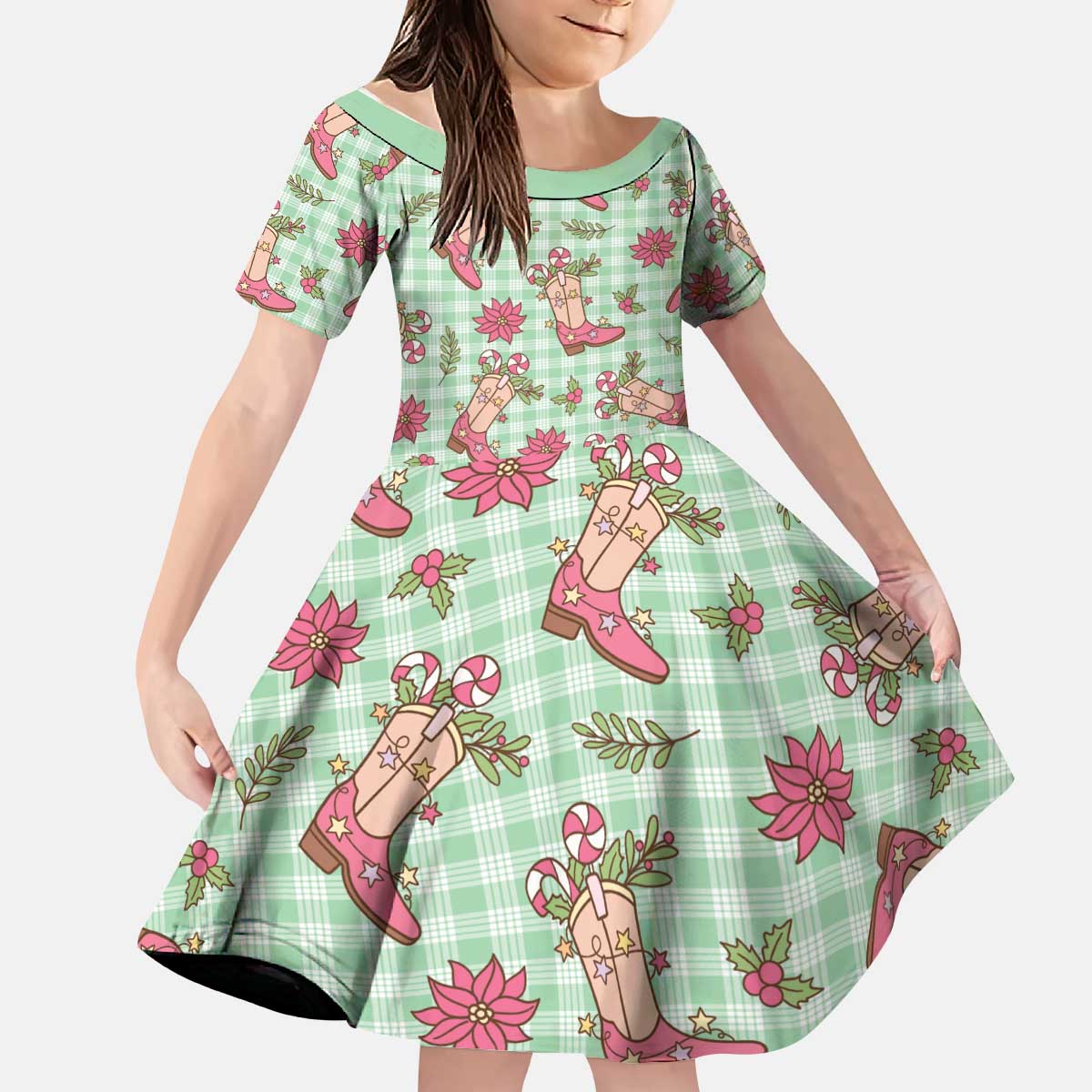 Green Paniolo Palaka Hawaiian Cowgirl Christmas Kid Short Sleeve Dress LT9 KID Green - Polynesian Pride