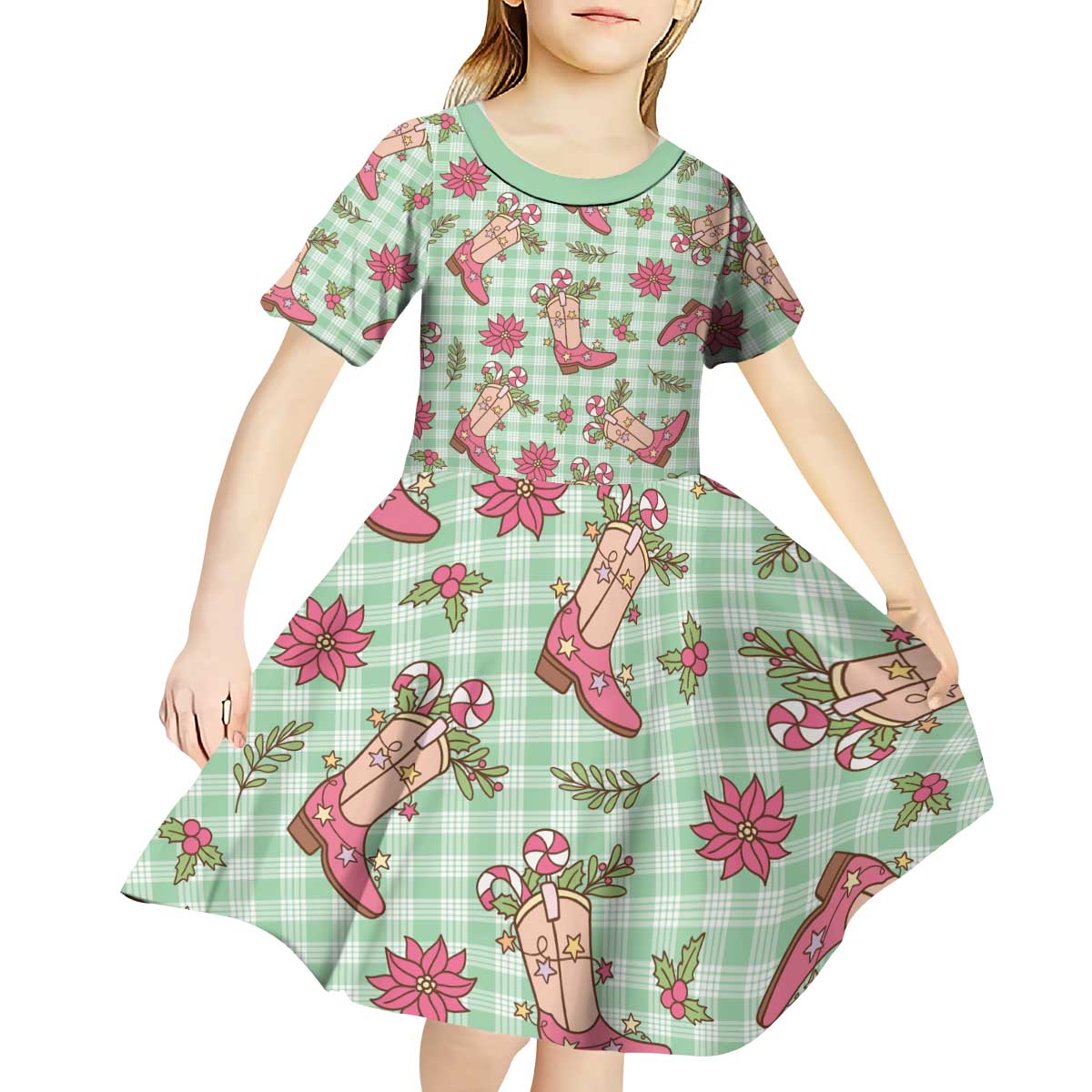 Green Paniolo Palaka Hawaiian Cowgirl Christmas Kid Short Sleeve Dress LT9 - Polynesian Pride