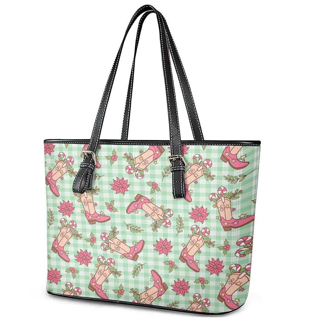Green Paniolo Palaka Hawaiian Cowgirl Christmas Leather Tote Bag - Polynesian Pride