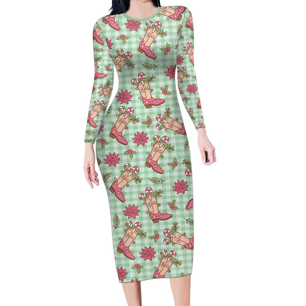 Green Paniolo Palaka Hawaiian Cowgirl Christmas Long Sleeve Bodycon Dress - Polynesian Pride