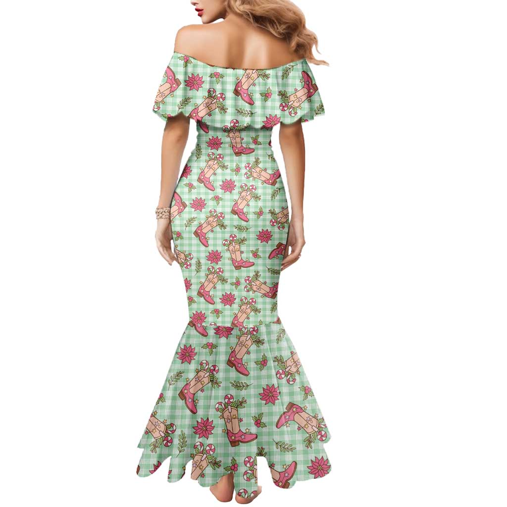 Green Paniolo Palaka Hawaiian Cowgirl Christmas Mermaid Dress LT9 - Polynesian Pride