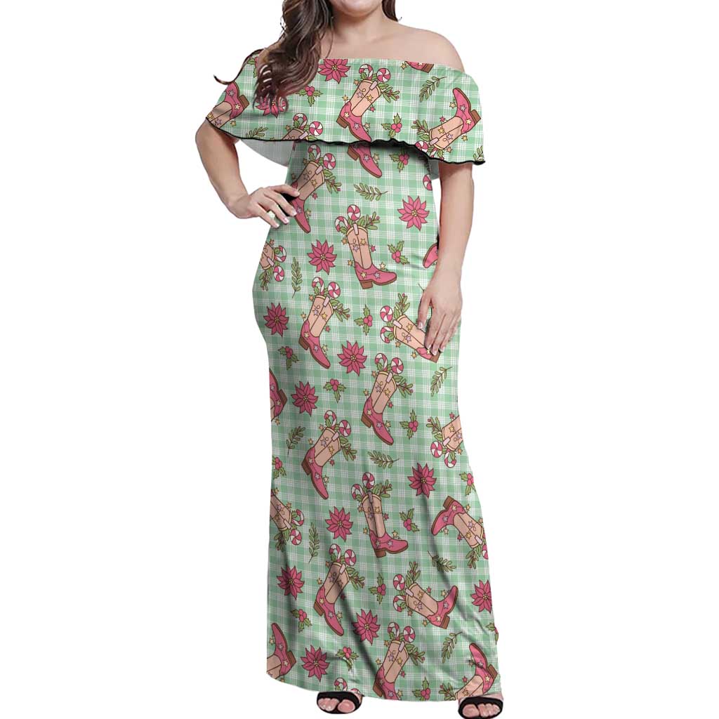 Green Paniolo Palaka Hawaiian Cowgirl Christmas Off Shoulder Maxi Dress LT9 Women Green - Polynesian Pride
