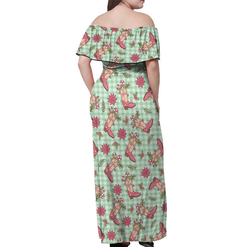 Green Paniolo Palaka Hawaiian Cowgirl Christmas Off Shoulder Maxi Dress LT9 - Polynesian Pride