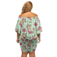 Green Paniolo Palaka Hawaiian Cowgirl Christmas Off Shoulder Short Dress LT9 - Polynesian Pride