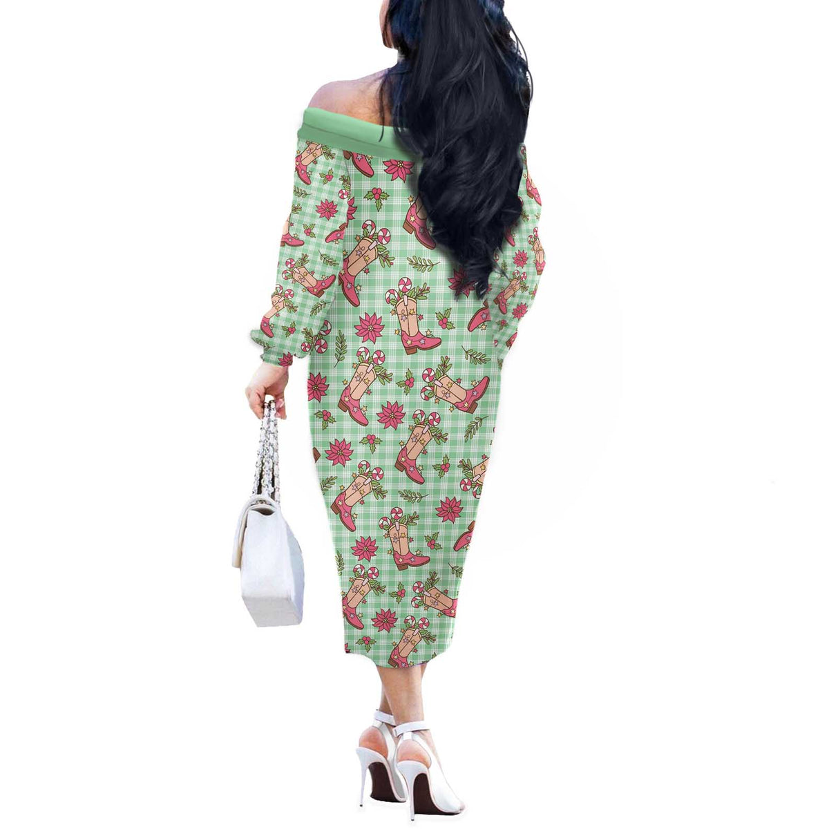Green Paniolo Palaka Hawaiian Cowgirl Christmas Off The Shoulder Long Sleeve Dress LT9 - Polynesian Pride