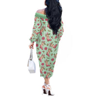 Green Paniolo Palaka Hawaiian Cowgirl Christmas Off The Shoulder Long Sleeve Dress LT9 - Polynesian Pride