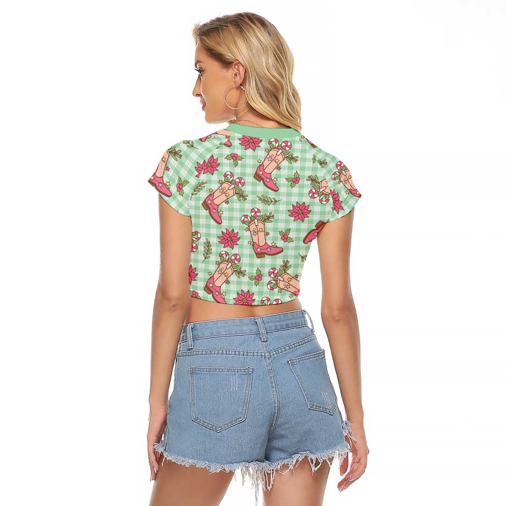 Green Paniolo Palaka Hawaiian Cowgirl Christmas Raglan Cropped T Shirt LT9 - Polynesian Pride