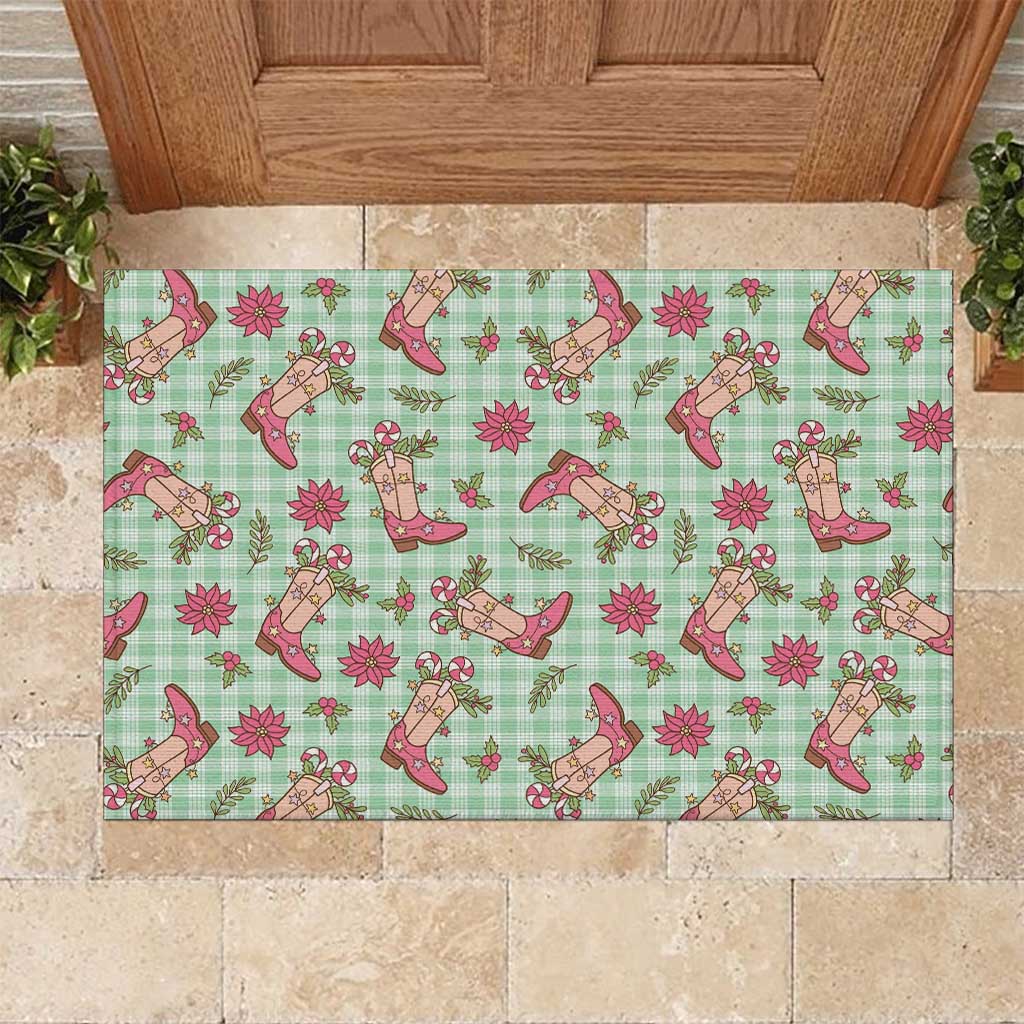 Green Paniolo Palaka Hawaiian Cowgirl Christmas Rubber Doormat - Polynesian Pride