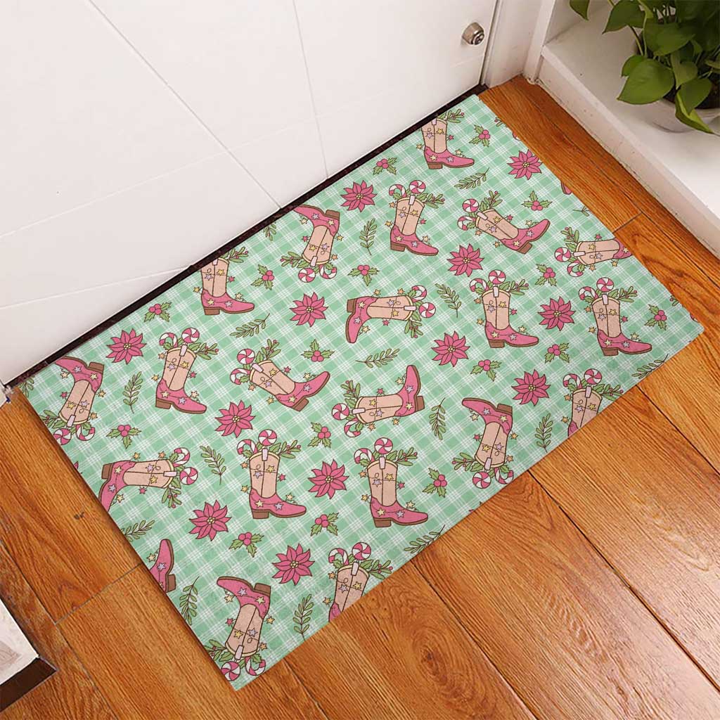 Green Paniolo Palaka Hawaiian Cowgirl Christmas Rubber Doormat - Polynesian Pride