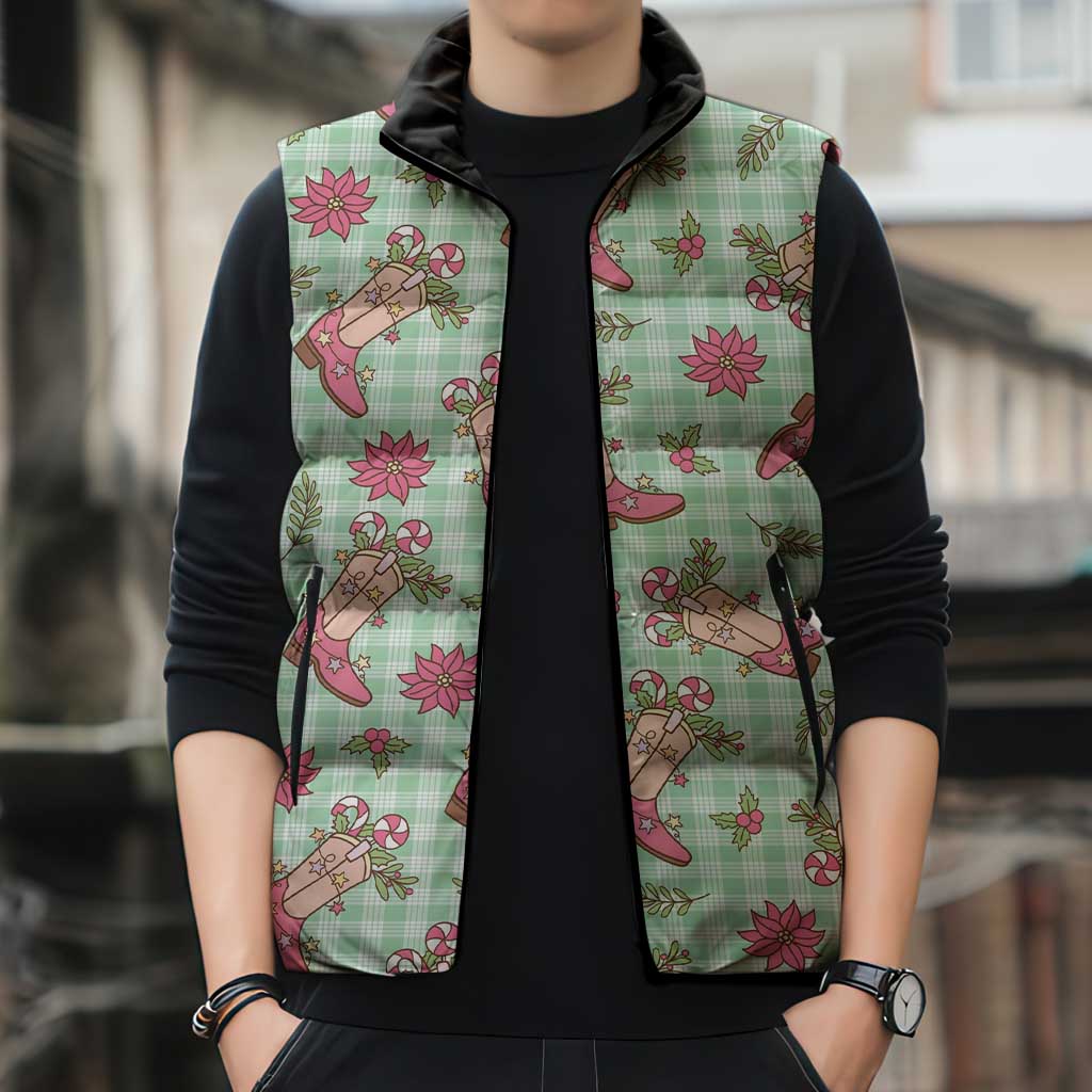 Green Paniolo Palaka Hawaiian Cowgirl Christmas Sleeveless Puffer Jacket - Polynesian Pride