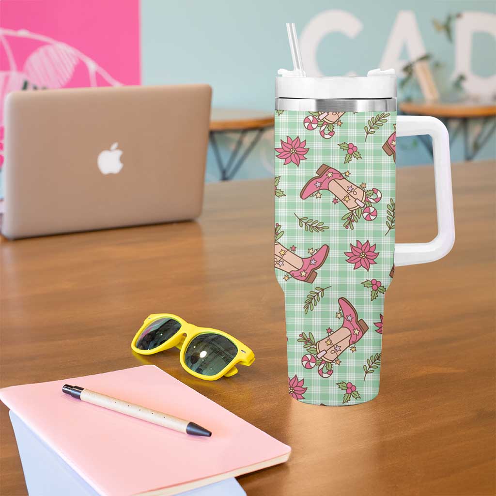 Green Paniolo Palaka Hawaiian Cowgirl Christmas Tumbler With Handle - Polynesian Pride