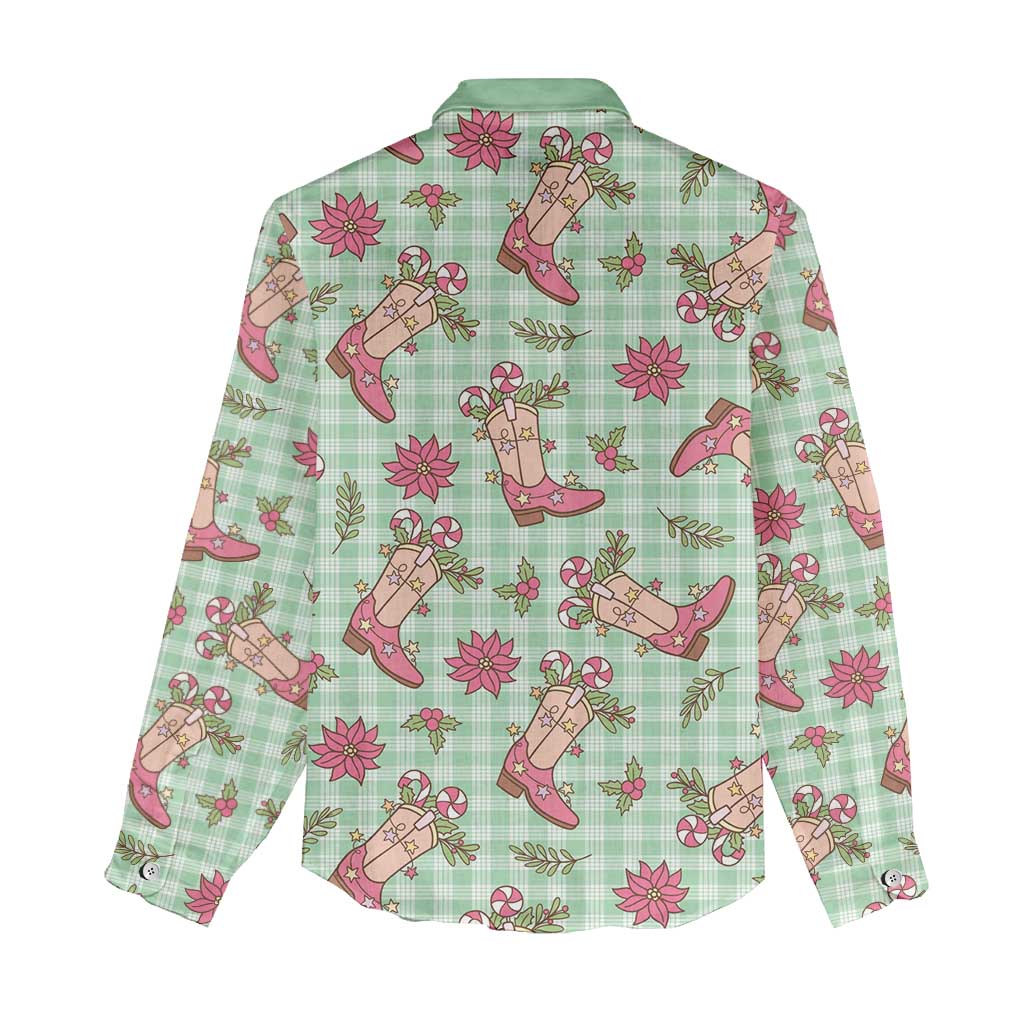 Green Paniolo Palaka Hawaiian Cowgirl Christmas Women Casual Shirt - Polynesian Pride