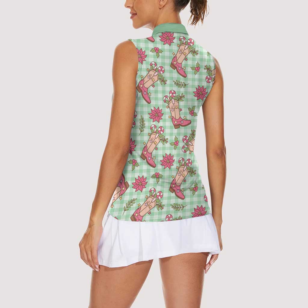 Green Paniolo Palaka Hawaiian Cowgirl Christmas Women Sleeveless Polo Shirt LT9 - Polynesian Pride
