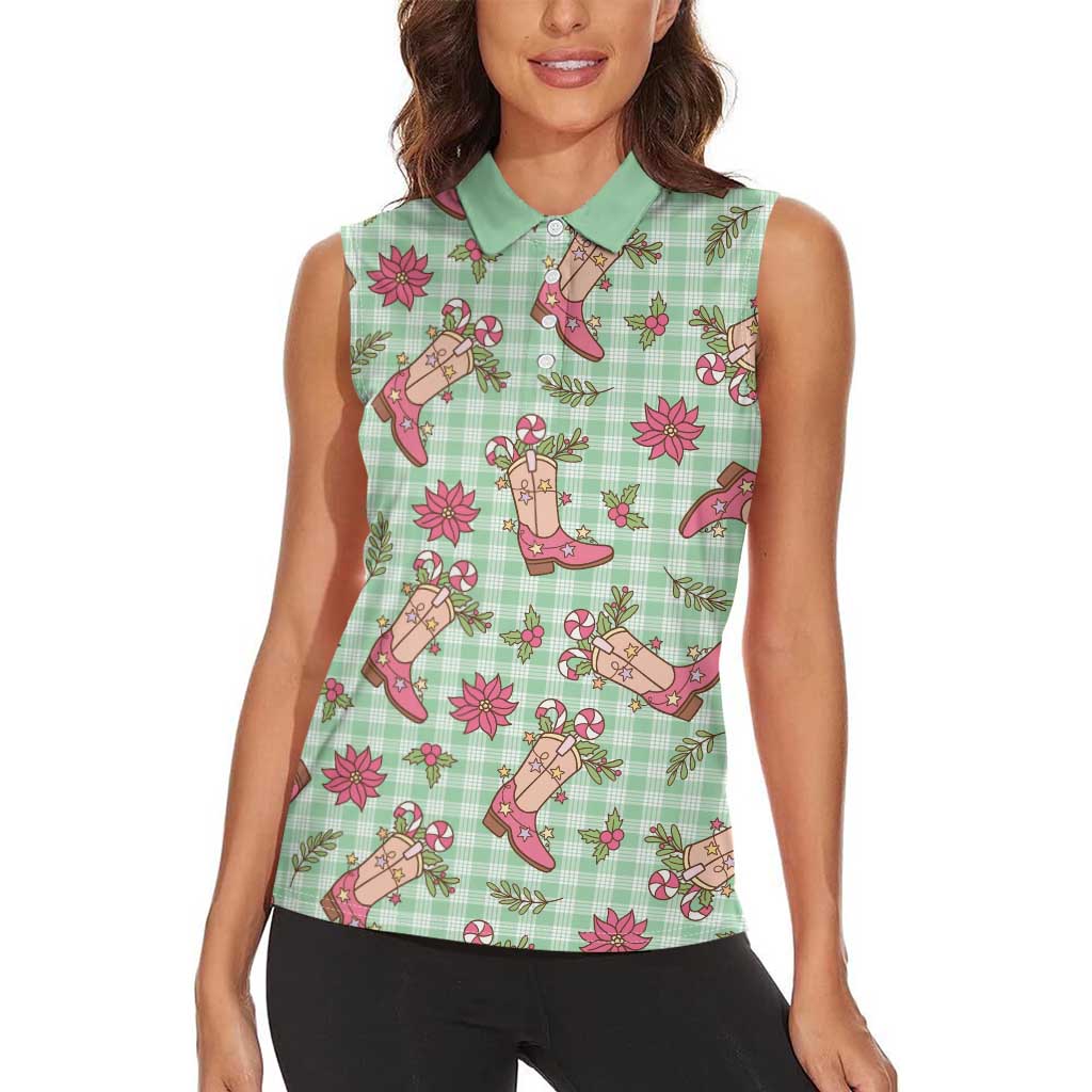 Green Paniolo Palaka Hawaiian Cowgirl Christmas Women Sleeveless Polo Shirt LT9 - Polynesian Pride