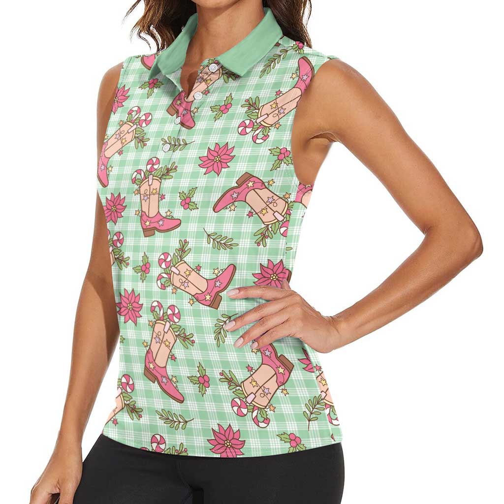 Green Paniolo Palaka Hawaiian Cowgirl Christmas Women Sleeveless Polo Shirt LT9 - Polynesian Pride