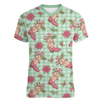 Green Paniolo Palaka Hawaiian Cowgirl Christmas Women V-Neck T-Shirt LT9 Female Green - Polynesian Pride