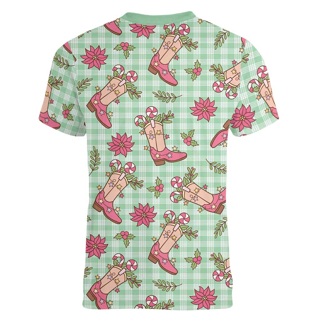Green Paniolo Palaka Hawaiian Cowgirl Christmas Women V-Neck T-Shirt LT9 - Polynesian Pride
