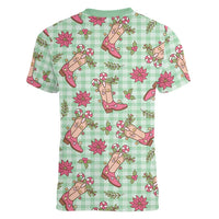 Green Paniolo Palaka Hawaiian Cowgirl Christmas Women V-Neck T-Shirt LT9 - Polynesian Pride