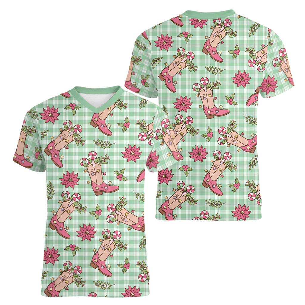 Green Paniolo Palaka Hawaiian Cowgirl Christmas Women V-Neck T-Shirt LT9 - Polynesian Pride