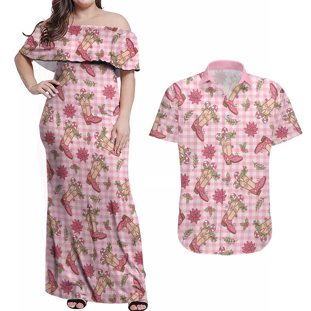 Pink Paniolo Palaka Hawaiian Cowgirl Christmas Couples Matching Off Shoulder Maxi Dress and Hawaiian Shirt LT9 Pink - Polynesian Pride
