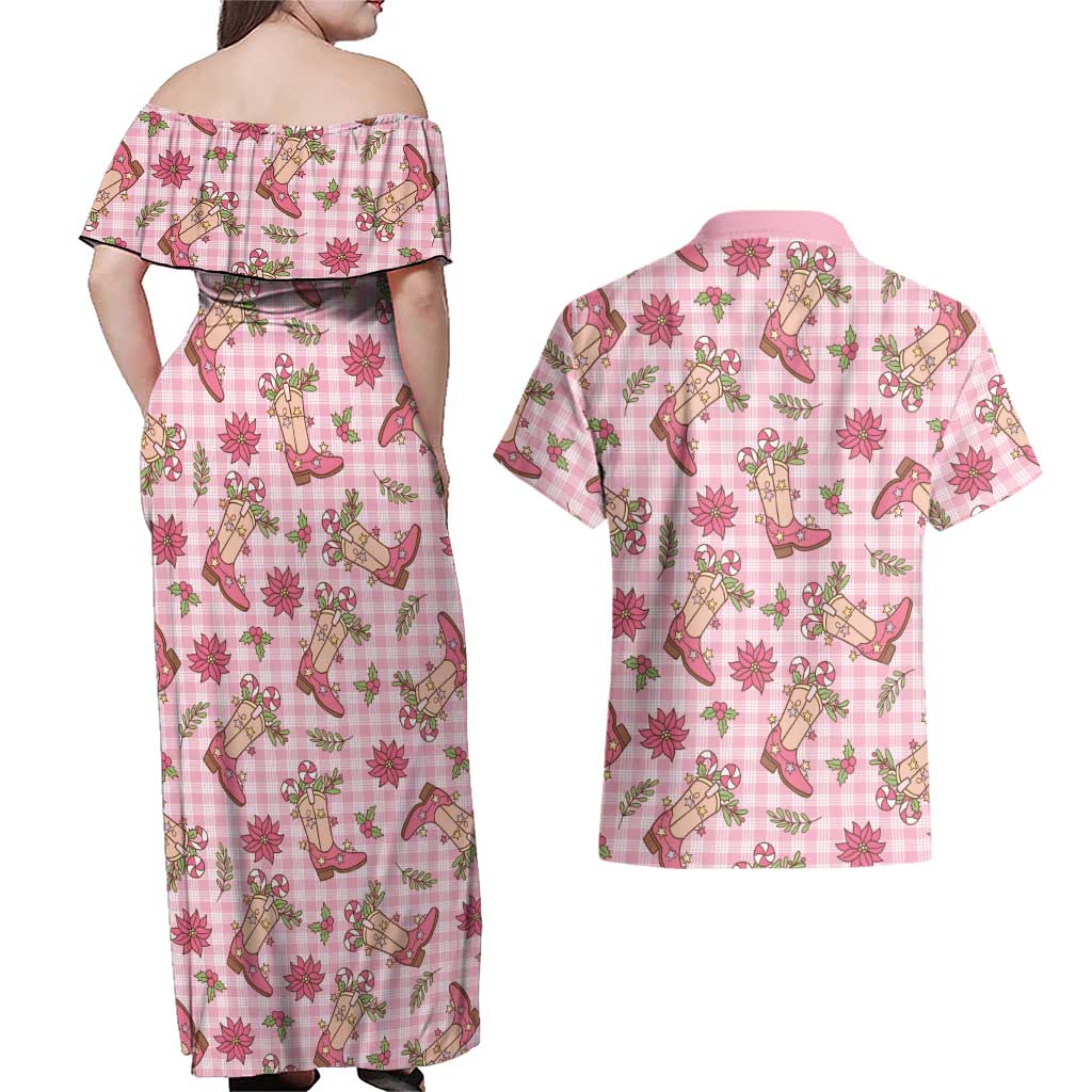 Pink Paniolo Palaka Hawaiian Cowgirl Christmas Couples Matching Off Shoulder Maxi Dress and Hawaiian Shirt LT9 - Polynesian Pride