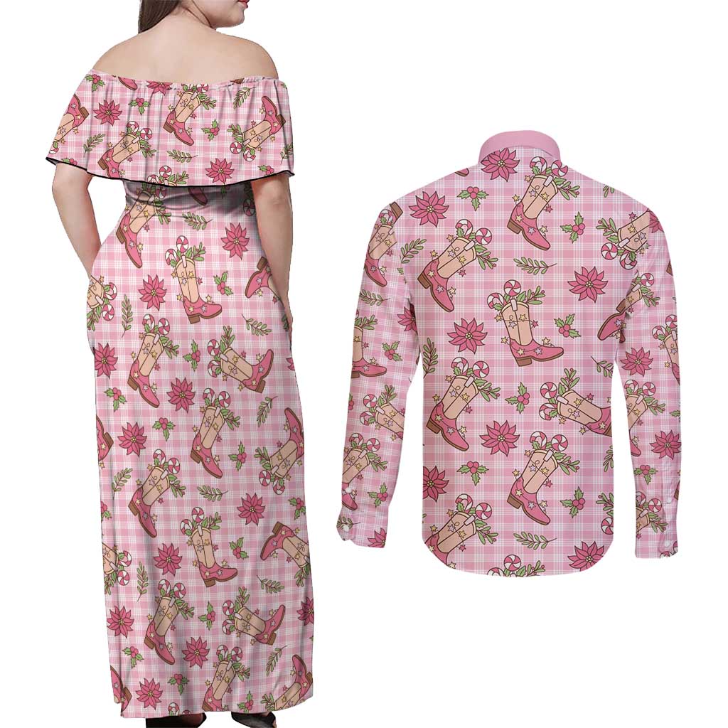 Pink Paniolo Palaka Hawaiian Cowgirl Christmas Couples Matching Off Shoulder Maxi Dress and Long Sleeve Button Shirt LT9 - Polynesian Pride