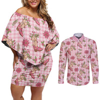 Pink Paniolo Palaka Hawaiian Cowgirl Christmas Couples Matching Off Shoulder Short Dress and Long Sleeve Button Shirt LT9 Pink - Polynesian Pride
