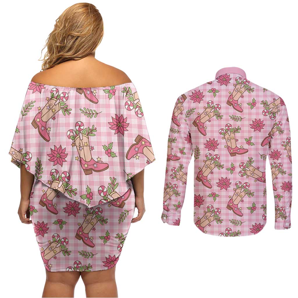 Pink Paniolo Palaka Hawaiian Cowgirl Christmas Couples Matching Off Shoulder Short Dress and Long Sleeve Button Shirt LT9 - Polynesian Pride