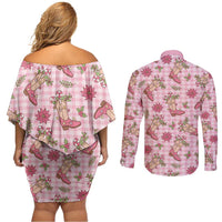 Pink Paniolo Palaka Hawaiian Cowgirl Christmas Couples Matching Off Shoulder Short Dress and Long Sleeve Button Shirt LT9 - Polynesian Pride