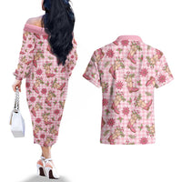 Pink Paniolo Palaka Hawaiian Cowgirl Christmas Couples Matching Off The Shoulder Long Sleeve Dress and Hawaiian Shirt LT9 - Polynesian Pride