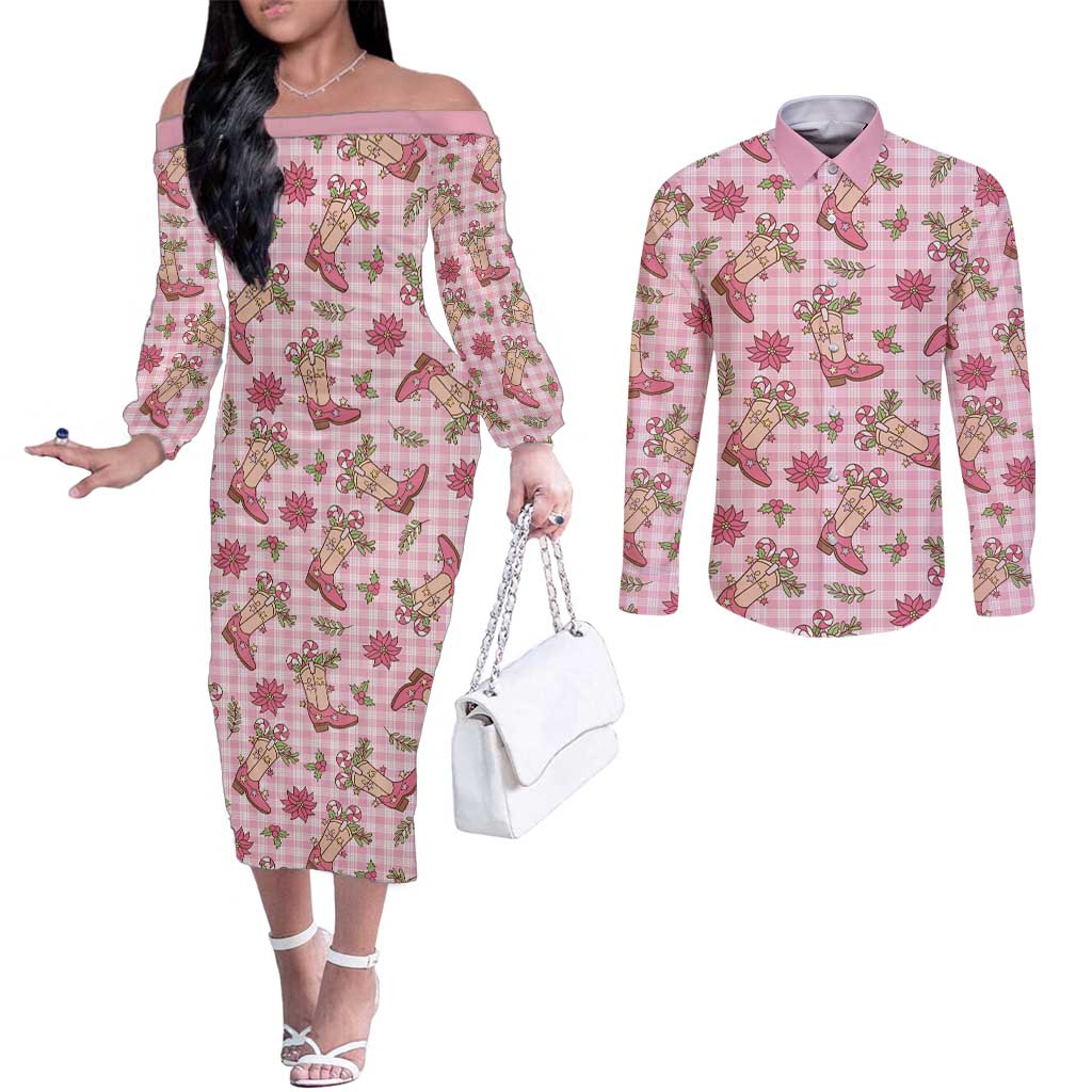 Pink Paniolo Palaka Hawaiian Cowgirl Christmas Couples Matching Off The Shoulder Long Sleeve Dress and Long Sleeve Button Shirt LT9 Pink - Polynesian Pride