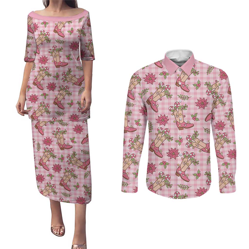 Pink Paniolo Palaka Hawaiian Cowgirl Christmas Couples Matching Puletasi and Long Sleeve Button Shirt LT9 Pink - Polynesian Pride