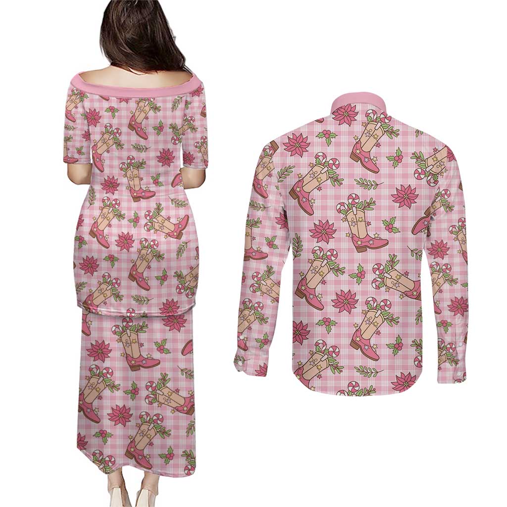 Pink Paniolo Palaka Hawaiian Cowgirl Christmas Couples Matching Puletasi and Long Sleeve Button Shirt LT9 - Polynesian Pride
