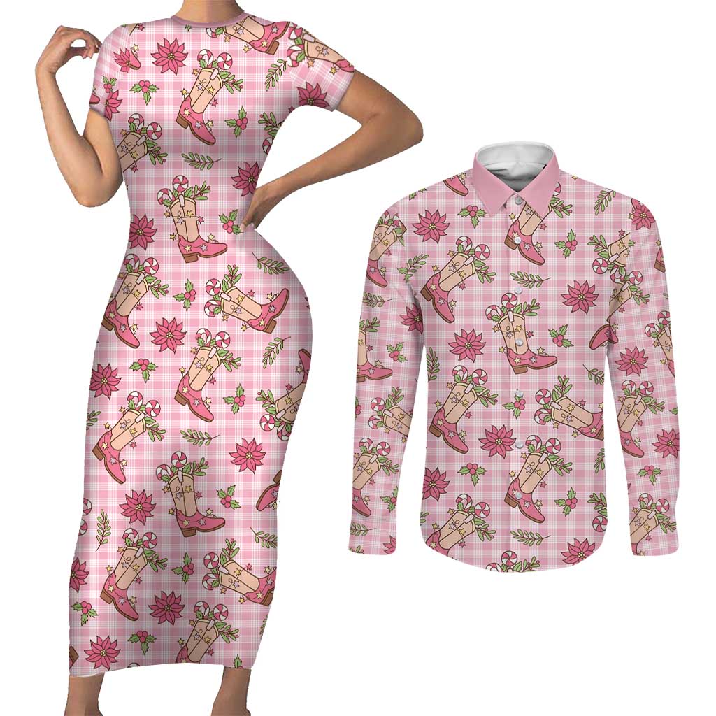 Pink Paniolo Palaka Hawaiian Cowgirl Christmas Couples Matching Short Sleeve Bodycon Dress and Long Sleeve Button Shirt LT9 Pink - Polynesian Pride