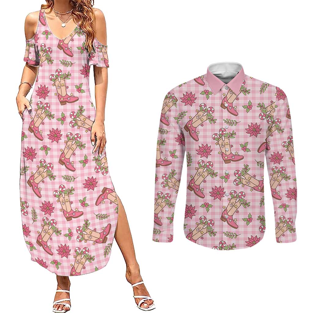 Pink Paniolo Palaka Hawaiian Cowgirl Christmas Couples Matching Summer Maxi Dress and Long Sleeve Button Shirt - Polynesian Pride