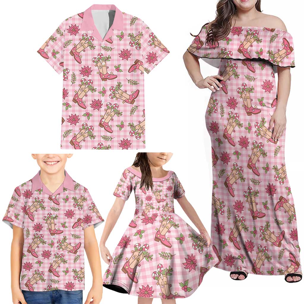 Pink Paniolo Palaka Hawaiian Cowgirl Christmas Family Matching Off Shoulder Maxi Dress and Hawaiian Shirt - Polynesian Pride