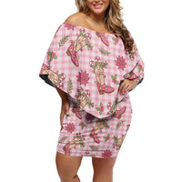 Pink Paniolo Palaka Hawaiian Cowgirl Christmas Family Matching Off Shoulder Short Dress and Hawaiian Shirt LT9 Mom's Dress Pink - Polynesian Pride