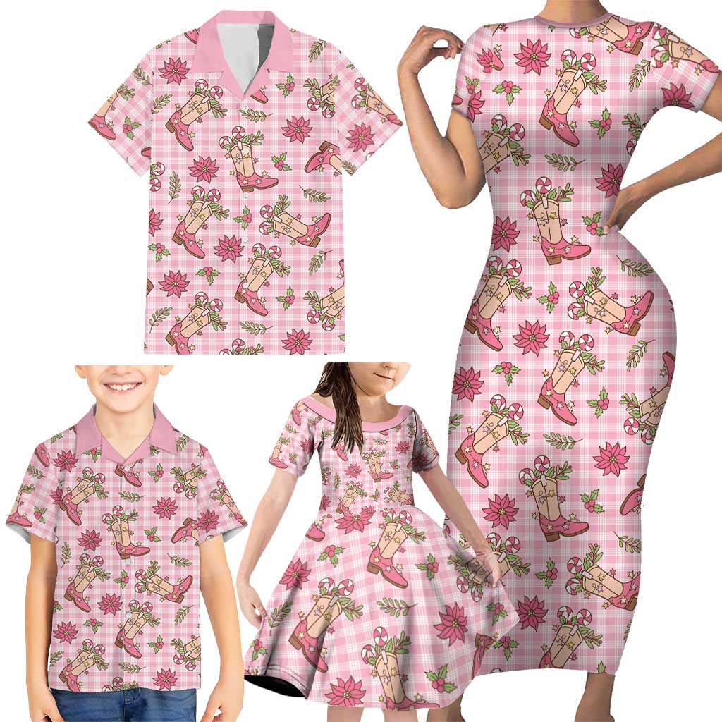 Pink Paniolo Palaka Hawaiian Cowgirl Christmas Family Matching Short Sleeve Bodycon Dress and Hawaiian Shirt - Polynesian Pride