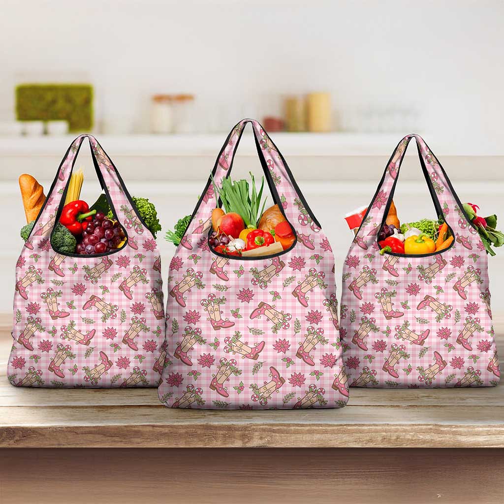 Pink Paniolo Palaka Hawaiian Cowgirl Christmas Grocery Bag - Polynesian Pride