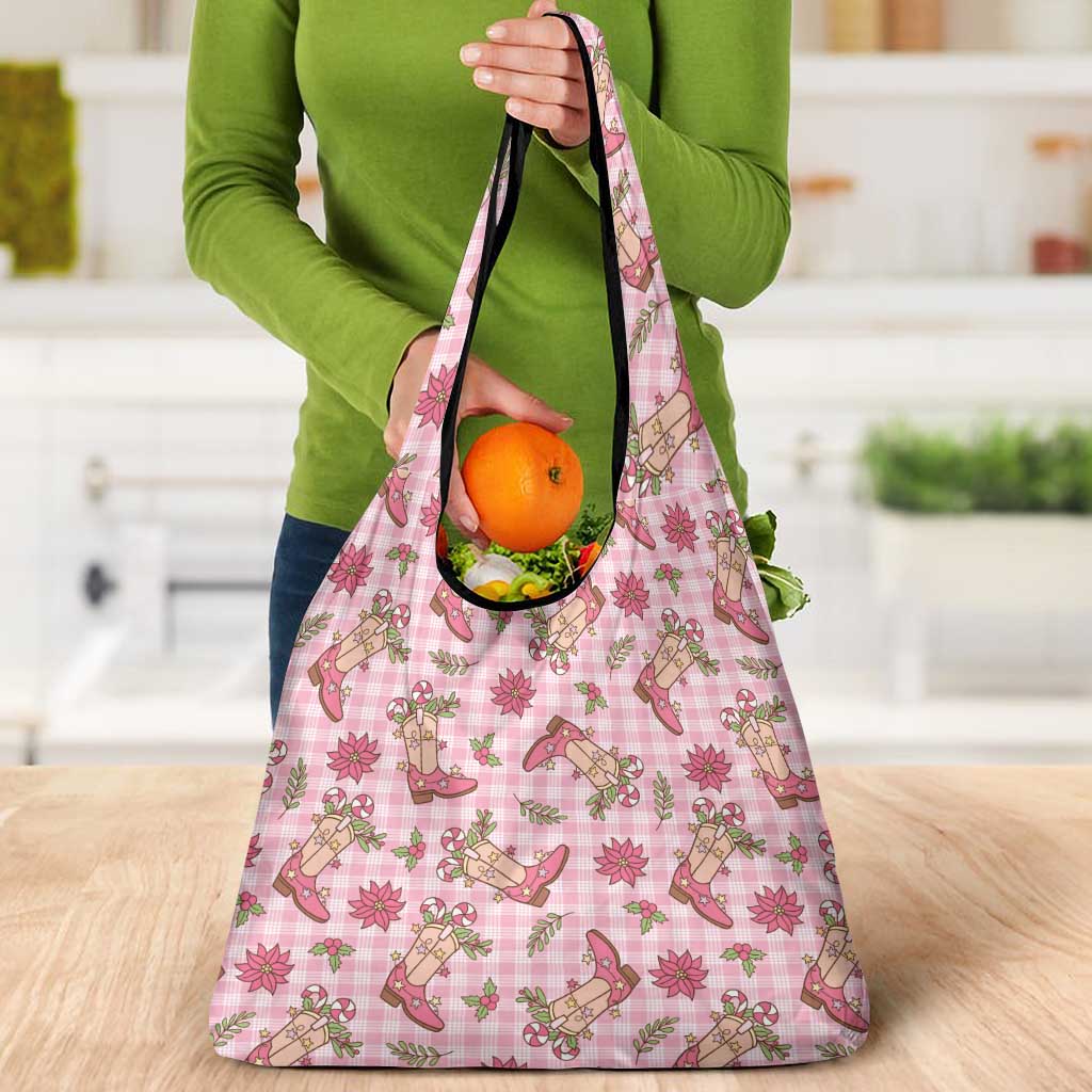 Pink Paniolo Palaka Hawaiian Cowgirl Christmas Grocery Bag - Polynesian Pride