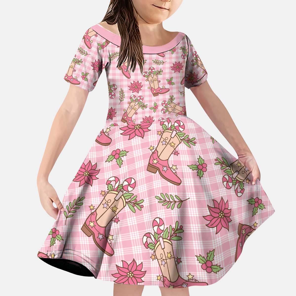 Pink Paniolo Palaka Hawaiian Cowgirl Christmas Kid Short Sleeve Dress LT9 KID Pink - Polynesian Pride