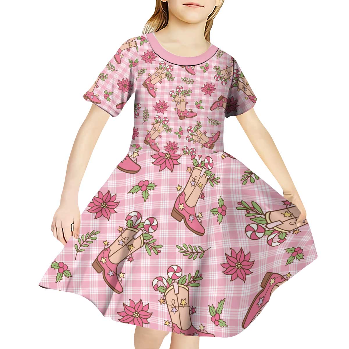 Pink Paniolo Palaka Hawaiian Cowgirl Christmas Kid Short Sleeve Dress LT9 - Polynesian Pride