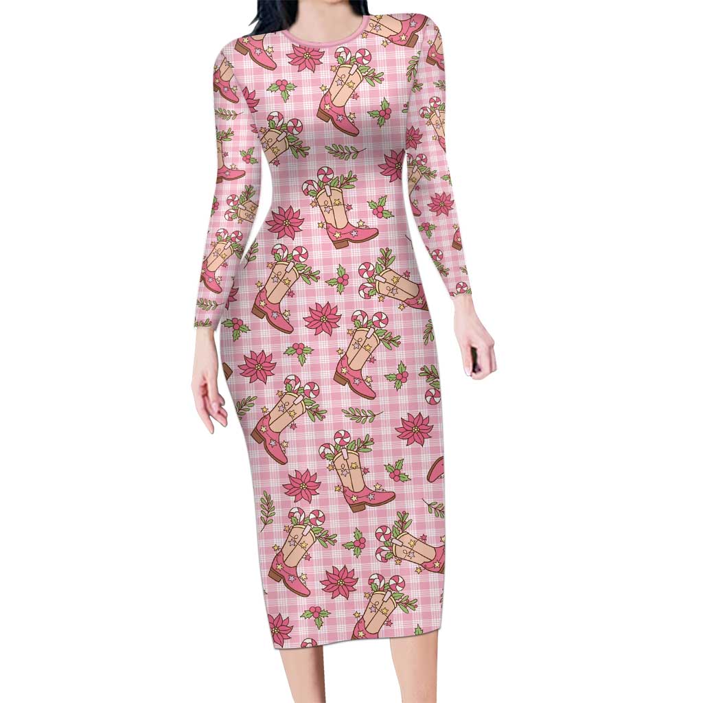 Pink Paniolo Palaka Hawaiian Cowgirl Christmas Long Sleeve Bodycon Dress - Polynesian Pride