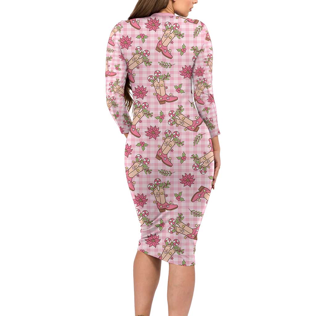 Pink Paniolo Palaka Hawaiian Cowgirl Christmas Long Sleeve Bodycon Dress LT9 - Polynesian Pride