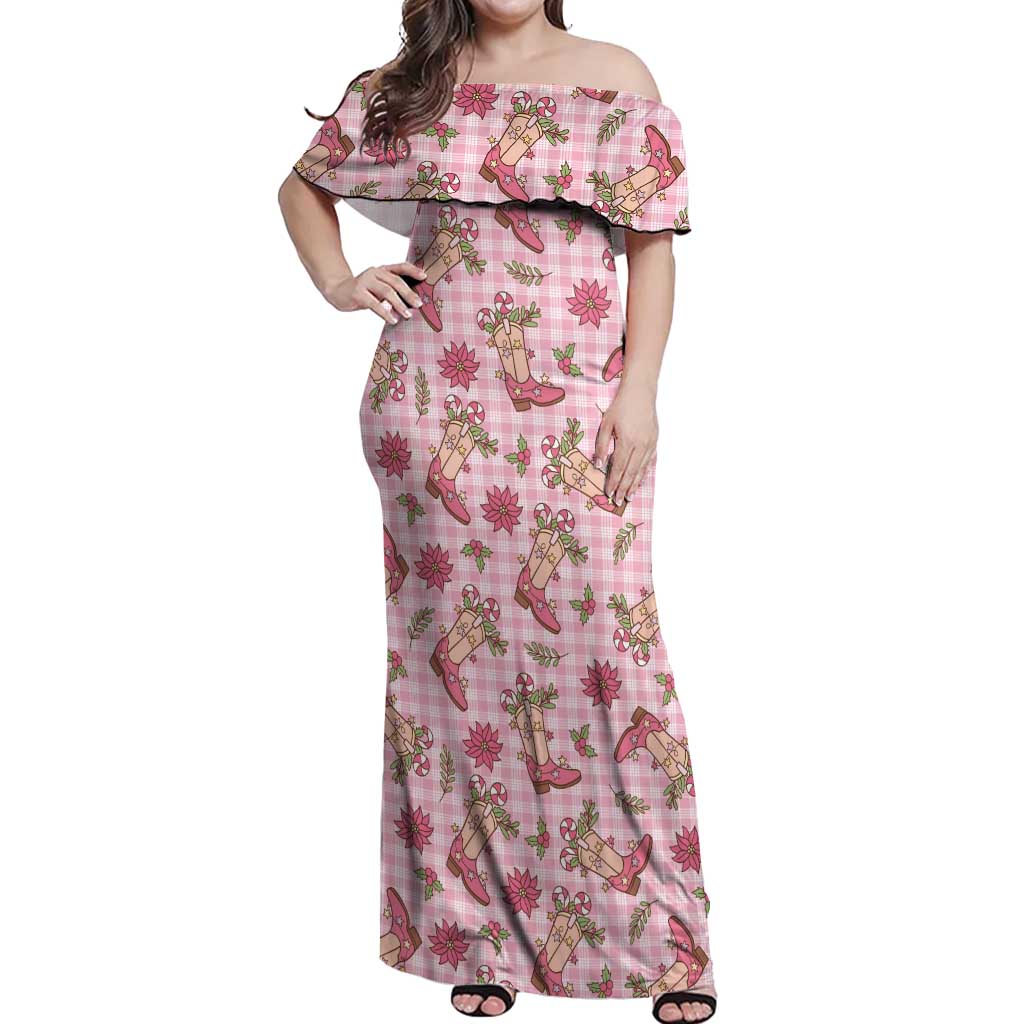 Pink Paniolo Palaka Hawaiian Cowgirl Christmas Off Shoulder Maxi Dress LT9 Women Pink - Polynesian Pride