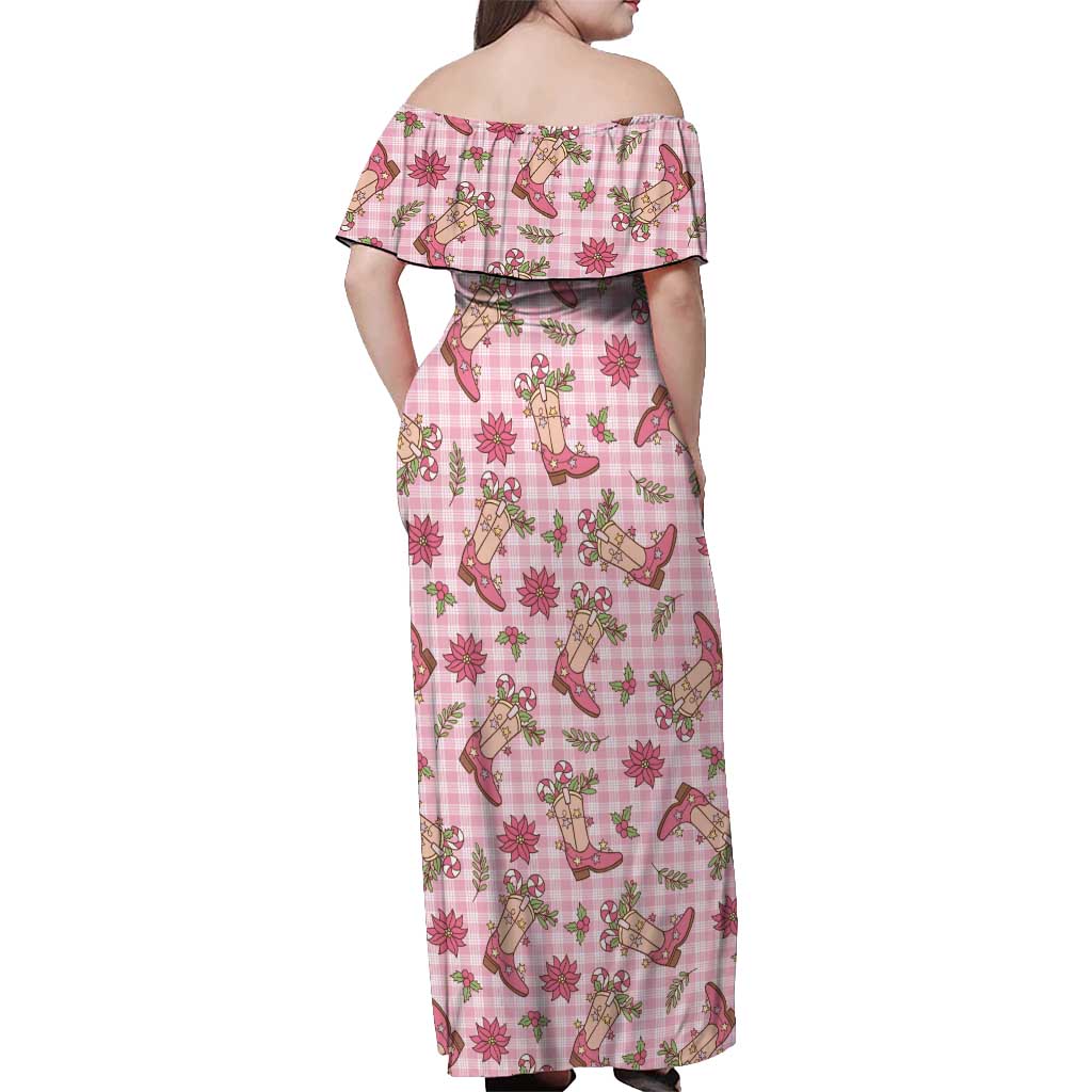 Pink Paniolo Palaka Hawaiian Cowgirl Christmas Off Shoulder Maxi Dress LT9 - Polynesian Pride