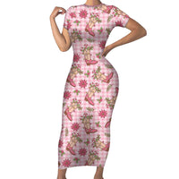 Pink Paniolo Palaka Hawaiian Cowgirl Christmas Short Sleeve Bodycon Dress LT9 Long Dress Pink - Polynesian Pride