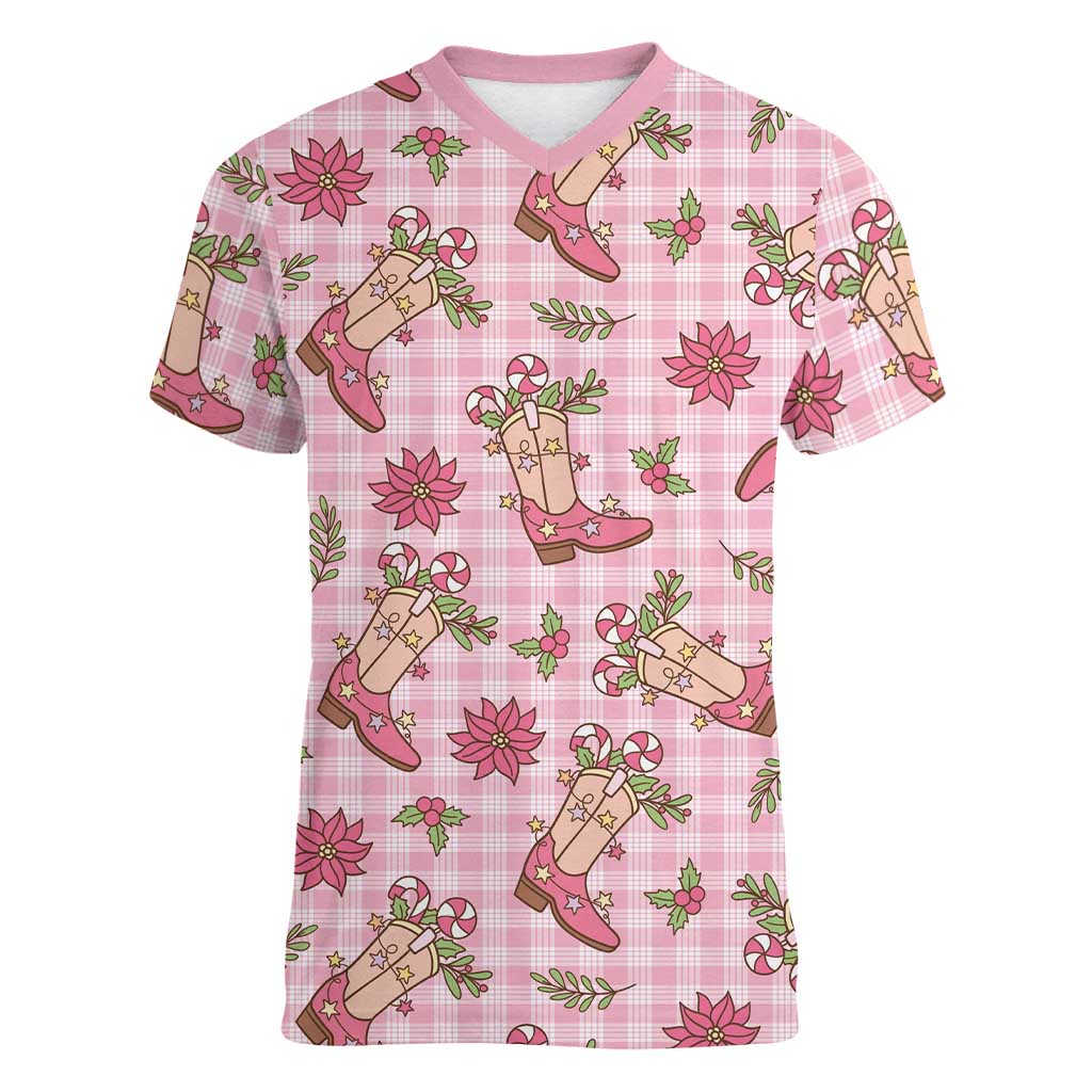 Pink Paniolo Palaka Hawaiian Cowgirl Christmas Women V-Neck T-Shirt - Polynesian Pride